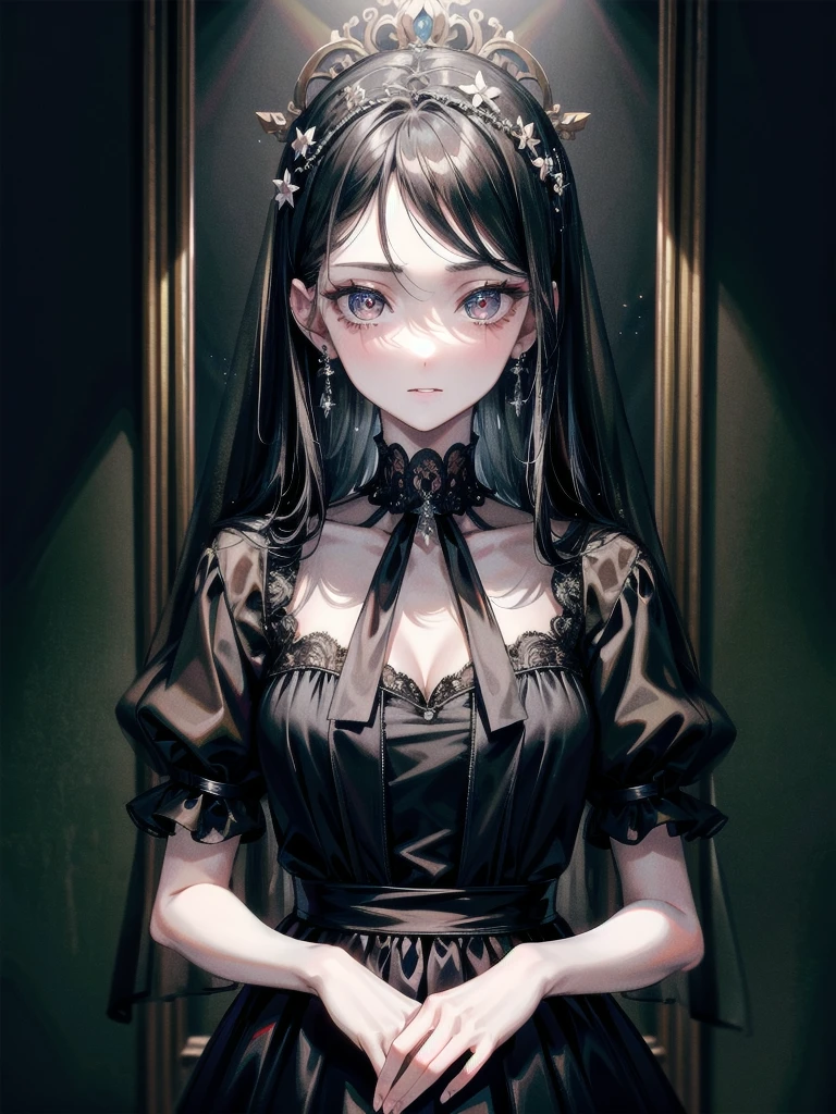 full body shot, sickly girl, black dress, face veil, mansion, hall, absurdres, RAW photo, extremely delicate and beautiful, masterpiece, Best Quality, ultra high resolution, 32k, hyperrealistic, ultra-detailed description, pale skin, 20 years old, detailed beautiful face and eyes, tearful mole, earring, short medium wavy hair,