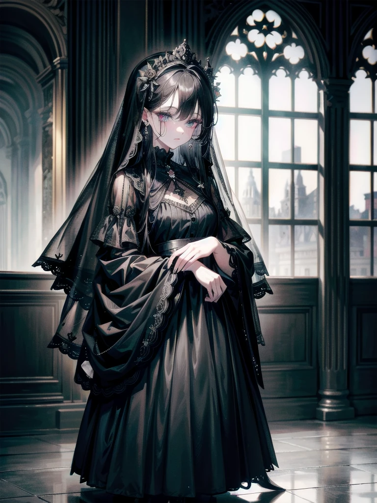 full body shot, sickly girl, black dress, face veil, mansion, hall, absurdres, RAW photo, extremely delicate and beautiful, masterpiece, Best Quality, ultra high resolution, 32k, hyperrealistic, ultra-detailed description, pale skin, 20 years old, detailed beautiful face and eyes, tearful mole, earring, short medium wavy hair,