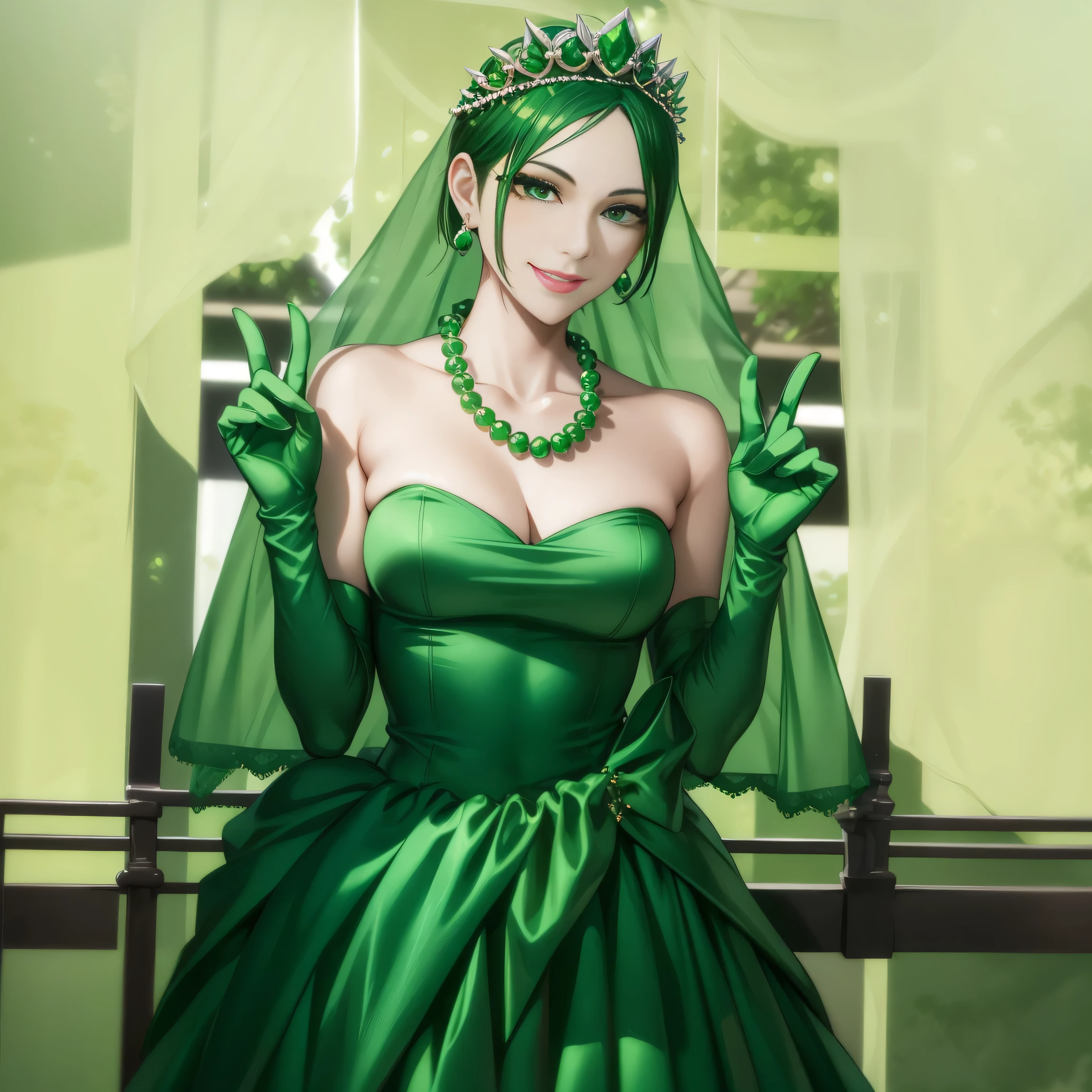 Emerald tiara, Green Pearl Necklace, Boyish very short green hair, lipstick, Smiling Japanese woman, Very short hair, Big and beautiful, Green Eyes, Long green satin gloves, Green Eyes, v sign, Emerald Earrings, Green veil