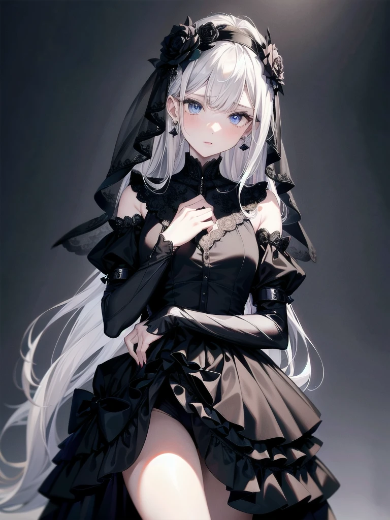 full body shot, sickly girl, black dress, face veil, mansion, hall, absurdres, RAW photo, extremely delicate and beautiful, masterpiece, Best Quality, ultra high resolution, 32k, hyperrealistic, ultra-detailed description, pale skin, 20 years old, detailed beautiful face and eyes, tearful mole, earring, short medium wavy hair,