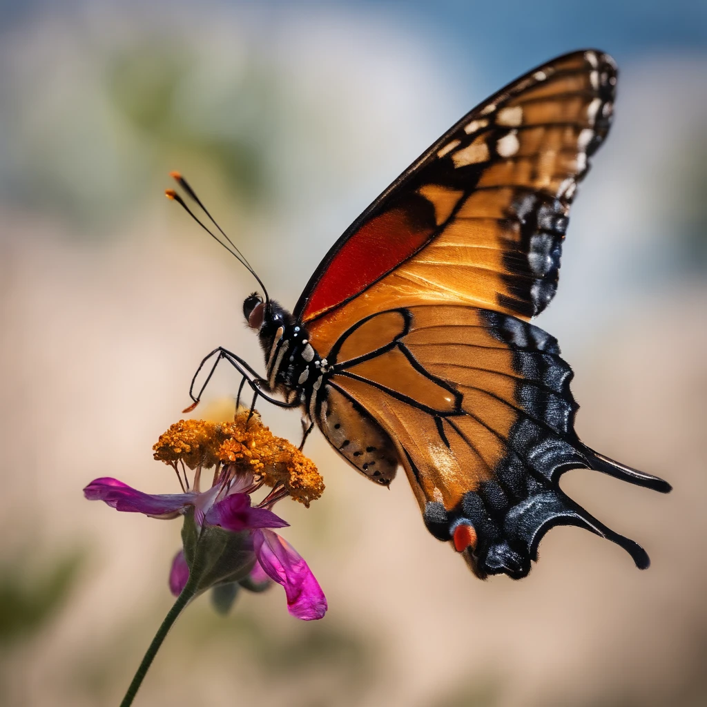 Golden Butterfly flying in sky with two other butterflies which are red and blue in cold respectively.