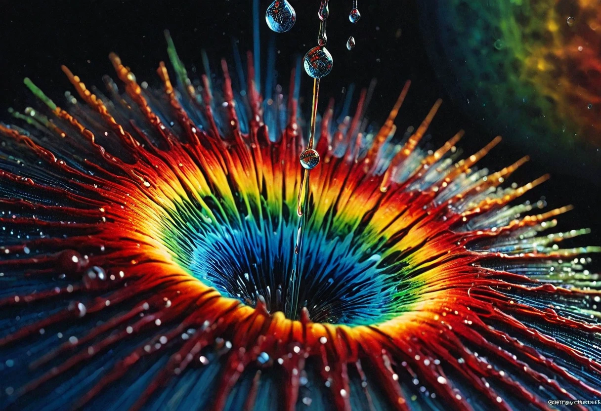 a macro close-up of a single centred falling droplet filled with blue and green data streams, against a dark background of rippled-liquid sunburst-exploding red and yellow data streams, incredible detail, horizontally centred, vertical axis, ultra high resolution, faint underlayer texture of many microscopic 1 and 0 digits in a Unicode font, Miki Asai Macro photography, close-up, hyper detailed, trending on artstation, sharp focus, studio photo, intricate details, highly detailed, by greg rutkowski, Miki Asai Macro photography, close-up, hyper detailed, trending on artstation, sharp focus, studio photo, intricate details, highly detailed