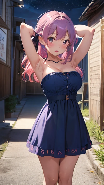 masterpiece、highest quality、Very detailed、Photograph the upper body、1 female、(Put your arms behind your back:1.4)、Are standing、Turn your body forward、View your viewers、(blue-strapless-dress)、break,blush、shy、Pink Hair、Open your mouth、Dinner party、night、Big Breasts、
