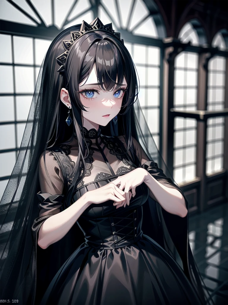 full body shot, sickly girl, black dress, face veil, mansion, hall, absurdres, RAW photo, extremely delicate and beautiful, masterpiece, Best Quality, ultra high resolution, 32k, hyperrealistic, ultra-detailed description, pale skin, 20 years old, detailed beautiful face and eyes, tearful mole, earring, short medium wavy hair,