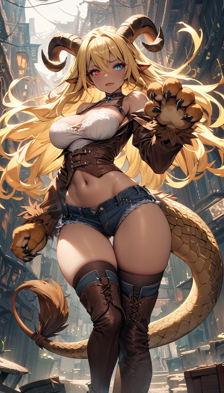 (masterpiece), (best quality:1.4), (perfect anatomy:1.4), high quality, expressive eyes, full body, tall girl, detailed face, beautiful face, perfect face, detailed ((blonde hair)), (green hair), {{pale skin}}, ({pale skinned female}), chimera, large breasts, thick thighs, very long hair, bare shoulders, denim, (short shorts), dynamic lighting, high resolution, 4k resolution, dynamic pose, silver jewelry, {fantasy background}, choker, animal ears, (lion ears), {{snake head tail}}, snake tail, (tail), ((multicolored hair)), thigh-highs, horns, goat horns, dragon horns, curvy, ((monster girl)), heterochromia, red eyes, icy blue eyes, feathered wings, claws, thigh gap, white shirt, brown leather jacket, cowboy hat, midriff, animal hands,