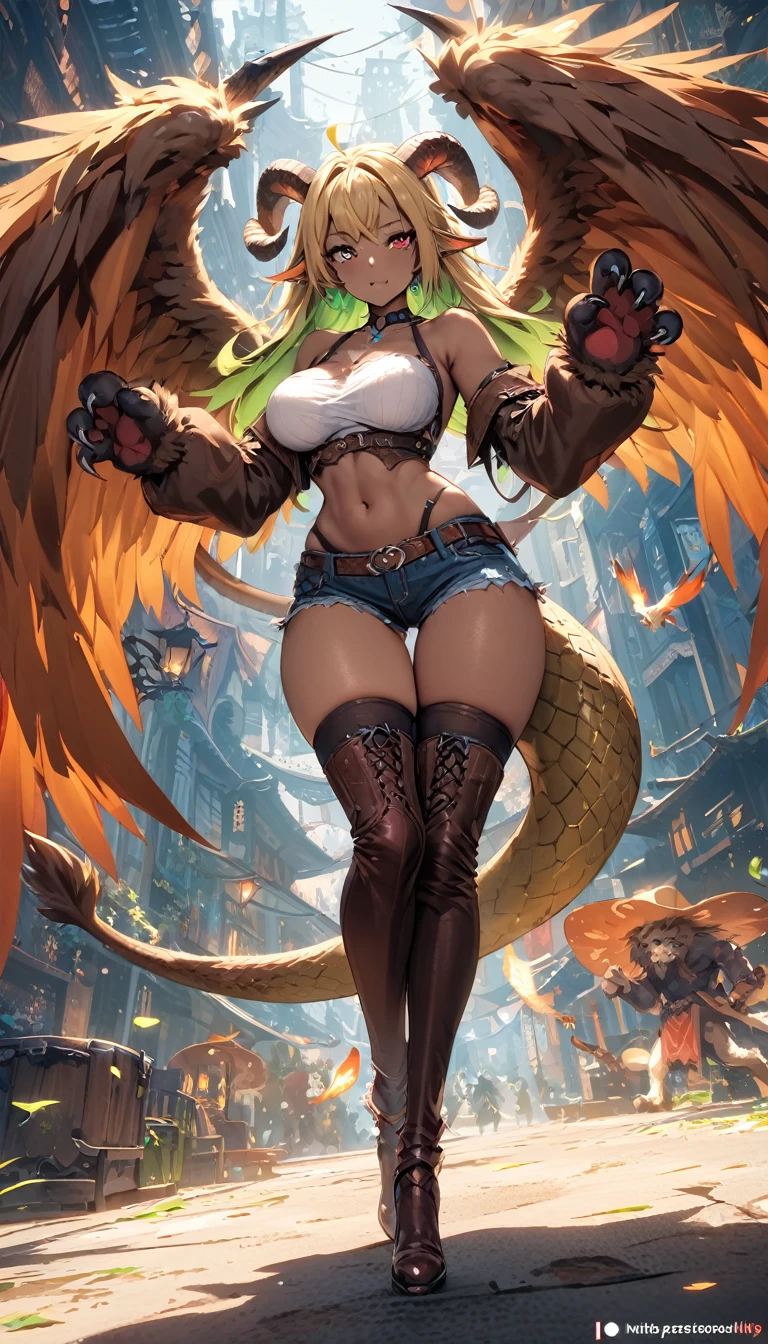 (masterpiece), (best quality:1.4), (perfect anatomy:1.4), high quality, expressive eyes, full body, tall girl, detailed face, beautiful face, perfect face, detailed ((blonde hair)), (green hair), {{pale skin}}, ({pale skinned female}), chimera, large breasts, thick thighs, very long hair, bare shoulders, denim, (short shorts), dynamic lighting, high resolution, 4k resolution, dynamic pose, silver jewelry, {fantasy background}, choker, animal ears, (lion ears), {{snake head tail}}, snake tail, (tail), ((multicolored hair)), thigh-highs, horns, goat horns, dragon horns, curvy, ((monster girl)), heterochromia, red eyes, icy blue eyes, feathered wings, claws, thigh gap, white shirt, brown leather jacket, cowboy hat, midriff, animal hands,