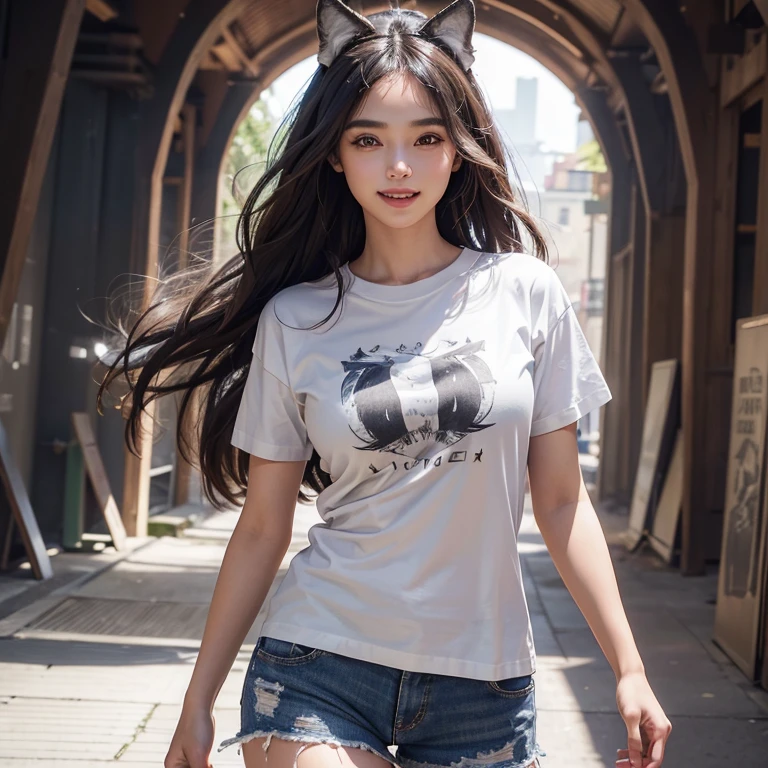 Walking inside a creepy tunnel, Tunel of bads,windy weather, Wide-angle shooting、white wolf、 ((highest quality、masterpiece、8k、best image quality、ultra high resolution、Award-winning work)、(accurate anatomy:1.1)、(look at me and smile:1.1)、Shining fair skin with ultra high resolution、most detailed face、ultra high resolution detailed face、white short hair flowing 、Beautiful face drawn in every details,T shirt and shorts, modest breast , real wolf beside the girl