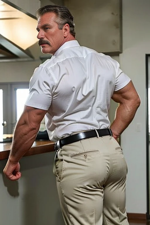 age 60, white man police detective with a mature, kind demeanor, strong and muscular yet chubby build, mustache, wearing dress pants and a buttoned-open translucent shirt that reveals a noticeable bulge, wearing detective badge on belt, giving off a hint of a horny yet disgusting aura, completing the look with comfortable loafers. Backside 