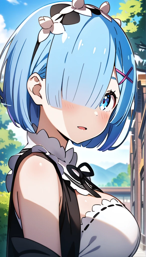 1girl, rem \(re:zero\)), re:zero kara hajimeru isekai seikatsu, large breast, masterpiece, best quality, very aesthetic, absurdres, key visual, highly detailed, looking at viewer, outdoors