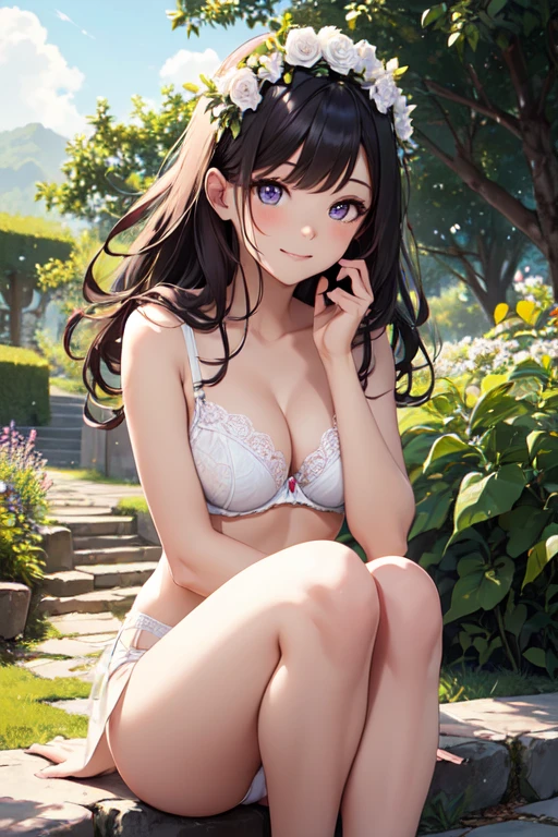 Very cute and beautiful girl wearing a white flower crown,White Bra、White panties、
(Very exquisite beautiful face and eyes:1.2),(Lavender Garden),stone path,Distant Sea,Beautiful summer sky,
(Mid Shot:1.15),Leg details,smile,Black Hair,Dynamic pose,Dynamic Angle,View your viewers,
(highest quality,masterpiece:1.2),(Intricate details),1 girl,alone,High resolution,Natural light,Hair blowing in the wind,