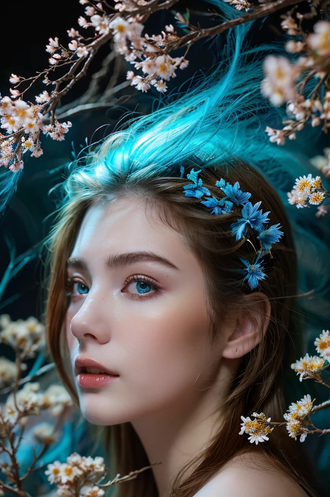 ( masterpiece, top quality, best quality,8k,17 years old girl,ultra detailed,raw photo:1.5),(photorealistic:1.4), (cinematic lighting), PerfectNwsjMajic, , Surrealism, UHD, ccurate, Super detail, textured skin, High detail, Best quality, dynamic angle, White skin,[Beautiful blue eyes], high nose,[flat chest:large breasts:0.5],(1girl),((good anatomy:0.5)),(covered in flowers:1.4), night sky, joint, interested in, fire and ice, (The image is divided into two，Available in a variety of colors:2), eyes blues, sapphire, liquid metal, night sky, (Look at an angle:1.3), (fire and ice), ((Lower chrome)), (hairpin:1.4), (forest:1.3), (fog: 1.3),  Subtle colors and tones, mystical aura ,dreamy atmosphere,expressive brush strokes, mystical ambiance, Artistic interpretation,Wonderland, blue glowing flowers tone, upper body, long hair, light brown streaked hair, brown hair