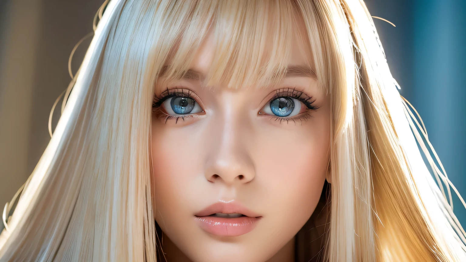 A very white and beautiful 20-year-old blonde girl、Mastepiece, Best Quality, Illustration, Ultra-detailed fine details, Natural platinum blonde with a natural shine、Super long straight silky hair、Super long Rapunzel hair、disheveled bangs above the eyes,、Bangs that cover the face、Hair worn in front、High resolution, 8K Denden Wallpaper, Perfect dynamic composition, Beautifully detailed large light blue eyes , Very big eyes、of hotel(Bed)、Small Face Beauty、Round face、On all fours、Double eyelids