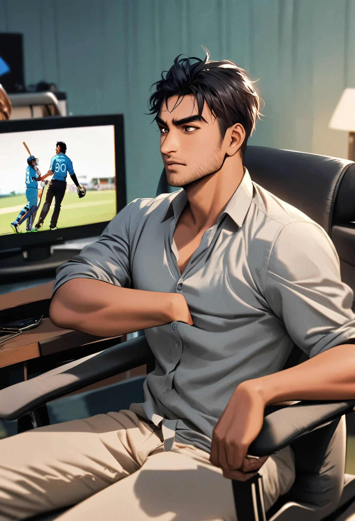 A boy name (Aditya) siting in chair and seeing (cricket) in his tv with (ms dhoni)