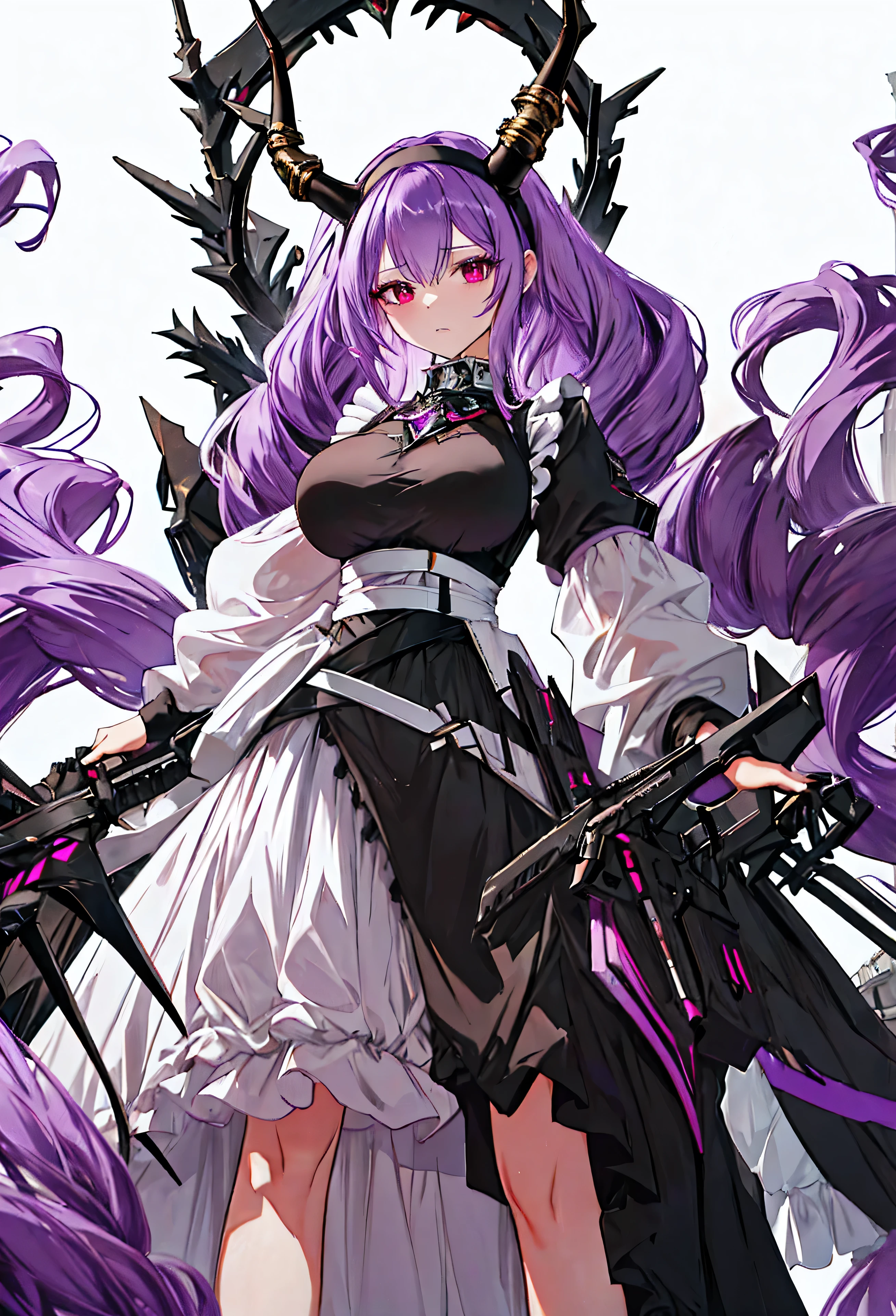 Typhon| Ark Knight, dragon horns, dragon tail, very long hair, hairband, purple hair, red eyes, large breasts,  In a dark night, an eunectes_arknights stands alone, with her very long hair flowing down. She is wearing a hairband and her hair is purple. Her eyes are piercing red. The artwork is of the best quality, a masterpiece in high resolution. The eunectes_arknights is dressed as a maid, wearing a long maid dress that adds a touch of elegance to her appearance. She is 21 years old., Expressing anger, angry,