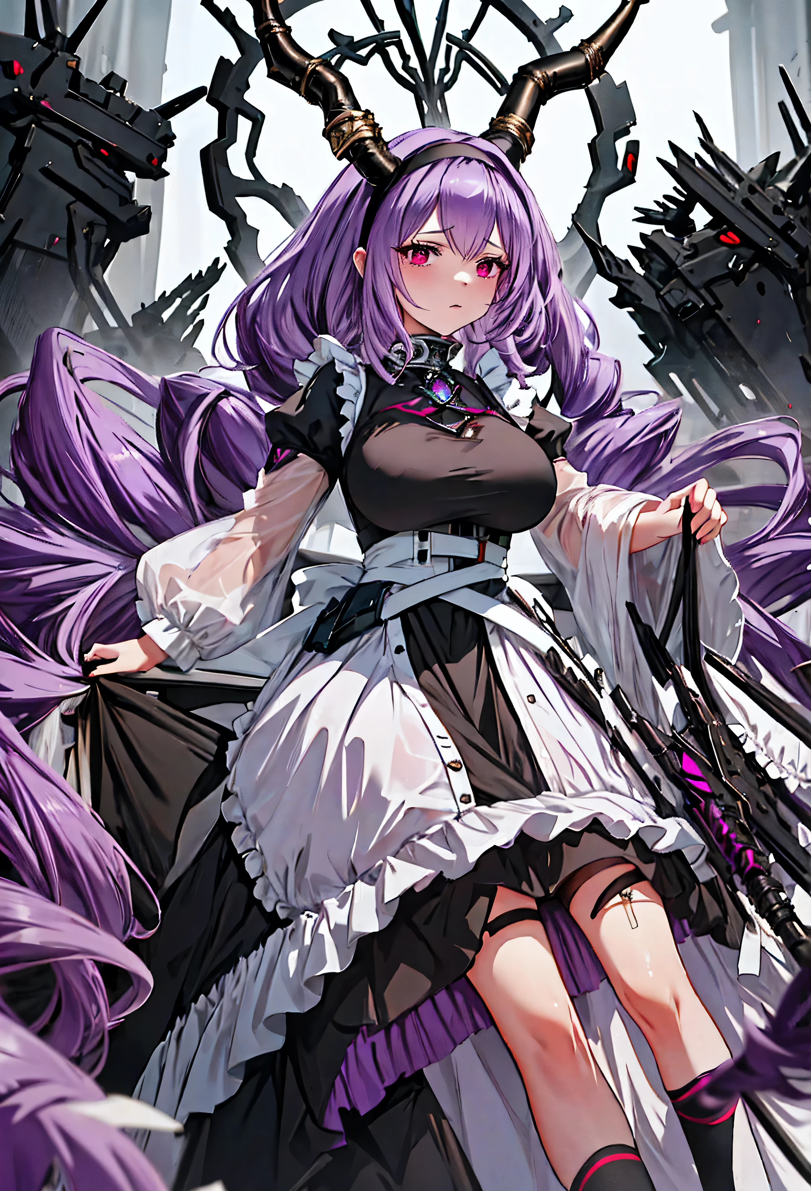 Typhon| Ark Knight, dragon horns, dragon tail, very long hair, hairband, purple hair, red eyes, large breasts,  In a dark night, an eunectes_arknights stands alone, with her very long hair flowing down. She is wearing a hairband and her hair is purple. Her eyes are piercing red. The artwork is of the best quality, a masterpiece in high resolution. The eunectes_arknights is dressed as a maid, wearing a long maid dress that adds a touch of elegance to her appearance. She is 21 years old., Expressing anger, angry,