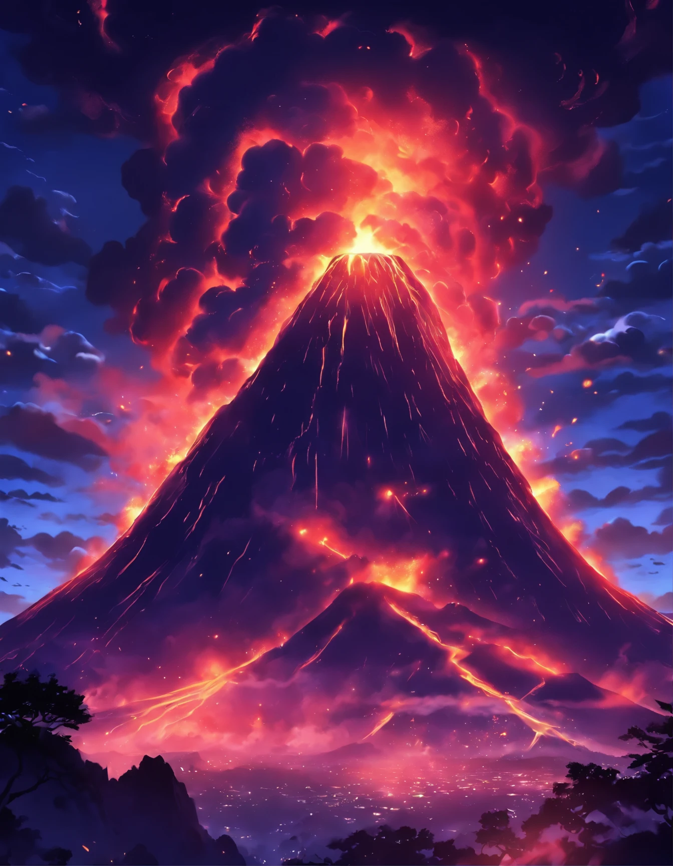 Volcanic eruption at night.