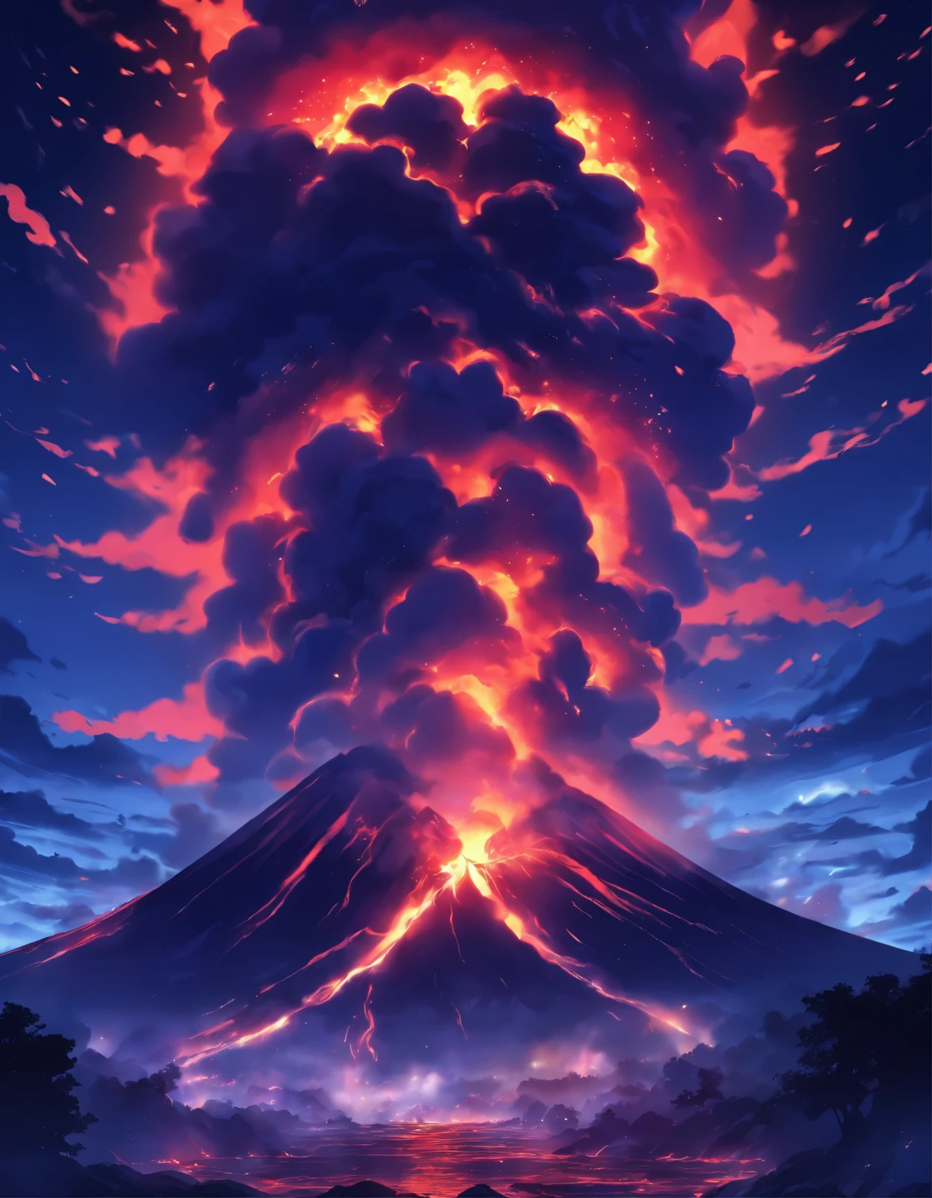 Volcanic eruption at night.
