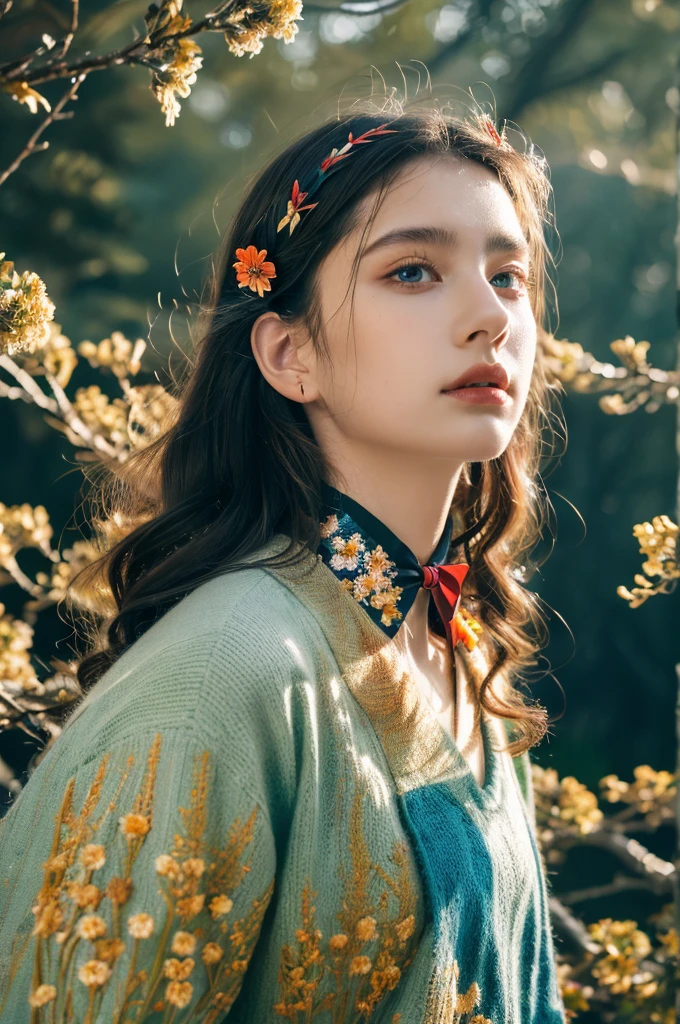 ( masterpiece, top quality, best quality,8k, girl,ultra detailed,raw photo:1.5),(photorealistic:1.4), (cinematic lighting), PerfectNwsjMajic, , Surrealism, UHD, ccurate, Super detail, textured skin, High detail, Best quality, dynamic angle, White skin,[Beautiful blue eyes], high nose,[flat chest:large breasts:0.5],(1girl),((good anatomy:0.5)),(covered in flowers:1.4), night sky, interested in, fire and ice, (The image is divided into two，Available in a variety of colors:2), eyes blues, sapphire, liquid metal, night sky, (Look at an angle:1.3), (fire and ice), ((Lower chrome)), (hairpin:1.4), (forest:1.3), (fog: 1.3),  Subtle colors and tones, mystical aura ,dreamy atmosphere,expressive brush strokes, mystical ambiance, Artistic interpretation, upper body, long hair,