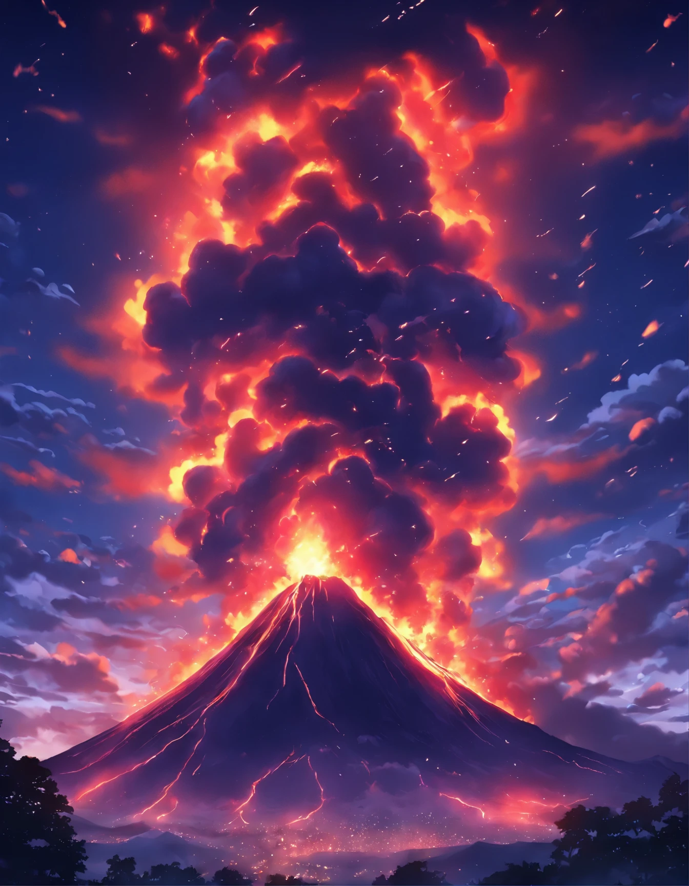 Volcanic eruption at night.