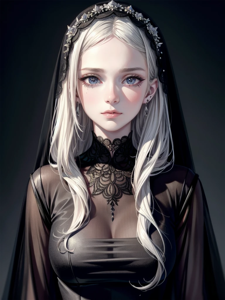 whole body, sickly girl, black dress, face veil, mansion, hall, absurdres, RAW photo, extremely delicate and beautiful, masterpiece, Best Quality, ultra high resolution, 32k, hyperrealistic, ultra-detailed description, pale skin, 20 years old, detailed beautiful face and eyes, tearful mole, earring, short medium wavy hair,