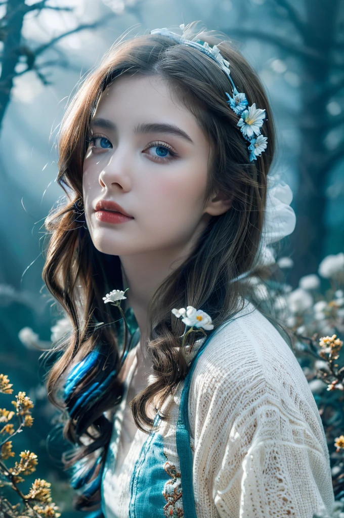 ( masterpiece, top quality, best quality,8k,17 years old girl,ultra detailed,raw photo:1.5),(photorealistic:1.4), (cinematic lighting), PerfectNwsjMajic, , Surrealism, UHD, ccurate, Super detail, textured skin, High detail, Best quality, dynamic angle, White skin,[Beautiful blue eyes], high nose,[flat chest:large breasts:0.5],(1girl),((good anatomy:0.5)),(covered in flowers:1.4), night sky, joint, interested in, fire and ice, (The image is divided into two，Available in a variety of colors:2), eyes blues, sapphire, liquid metal, night sky, (Look at an angle:1.3), (fire and ice), ((Lower chrome)), (hairpin:1.4), (forest:1.3), (fog: 1.3),  Subtle colors and tones, mystical aura ,dreamy atmosphere,expressive brush strokes, mystical ambiance, Artistic interpretation,Wonderland, blue glowing flowers tone, upper body, long hair, light brown streaked hair, brown hair