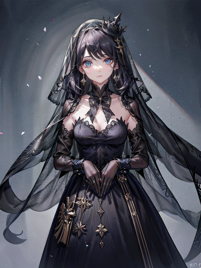 whole body, sickly girl, black dress, face veil, mansion, hall, absurdres, RAW photo, extremely delicate and beautiful, masterpiece, Best Quality, ultra high resolution, 32k, hyperrealistic, ultra-detailed description, pale skin, 20 years old, detailed beautiful face and eyes, tearful mole, earring, short medium wavy hair,