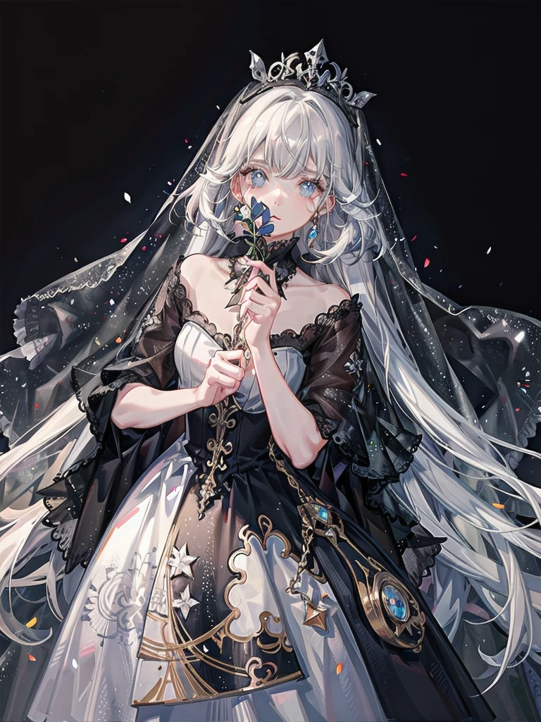whole body, sickly girl, black dress, face veil, mansion, hall, absurdres, RAW photo, extremely delicate and beautiful, masterpiece, Best Quality, ultra high resolution, 32k, hyperrealistic, ultra-detailed description, pale skin, 20 years old, detailed beautiful face and eyes, tearful mole, earring, short medium wavy hair,
