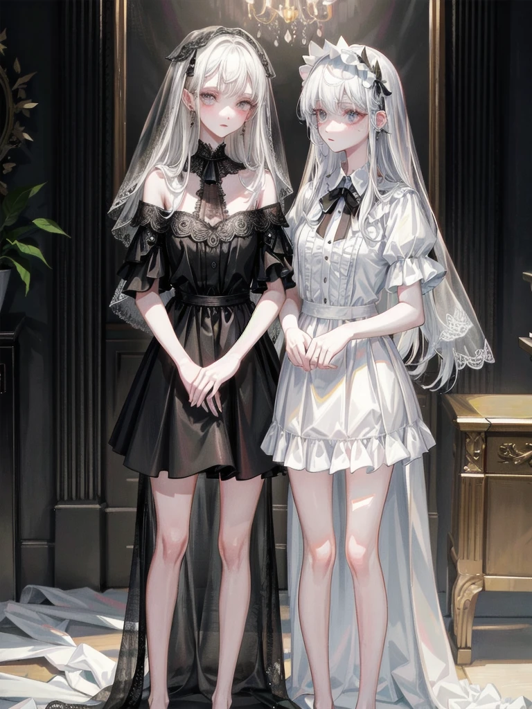 whole body, sickly girl, black dress, face veil, mansion, hall, absurdres, RAW photo, extremely delicate and beautiful, masterpiece, Best Quality, ultra high resolution, 32k, hyperrealistic, ultra-detailed description, pale skin, 20 years old, detailed beautiful face and eyes, tearful mole, earring, short medium wavy hair,