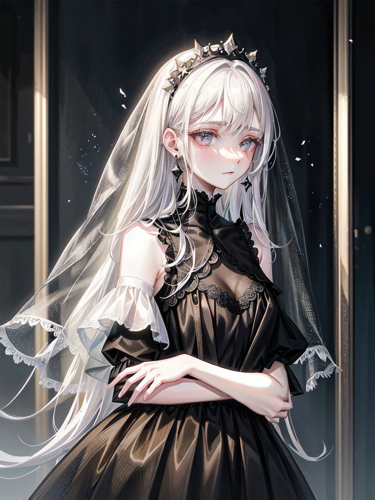 whole body, sickly girl, black dress, face veil, mansion, hall, absurdres, RAW photo, extremely delicate and beautiful, masterpiece, Best Quality, ultra high resolution, 32k, hyperrealistic, ultra-detailed description, pale skin, 20 years old, detailed beautiful face and eyes, tearful mole, earring, short medium wavy hair,