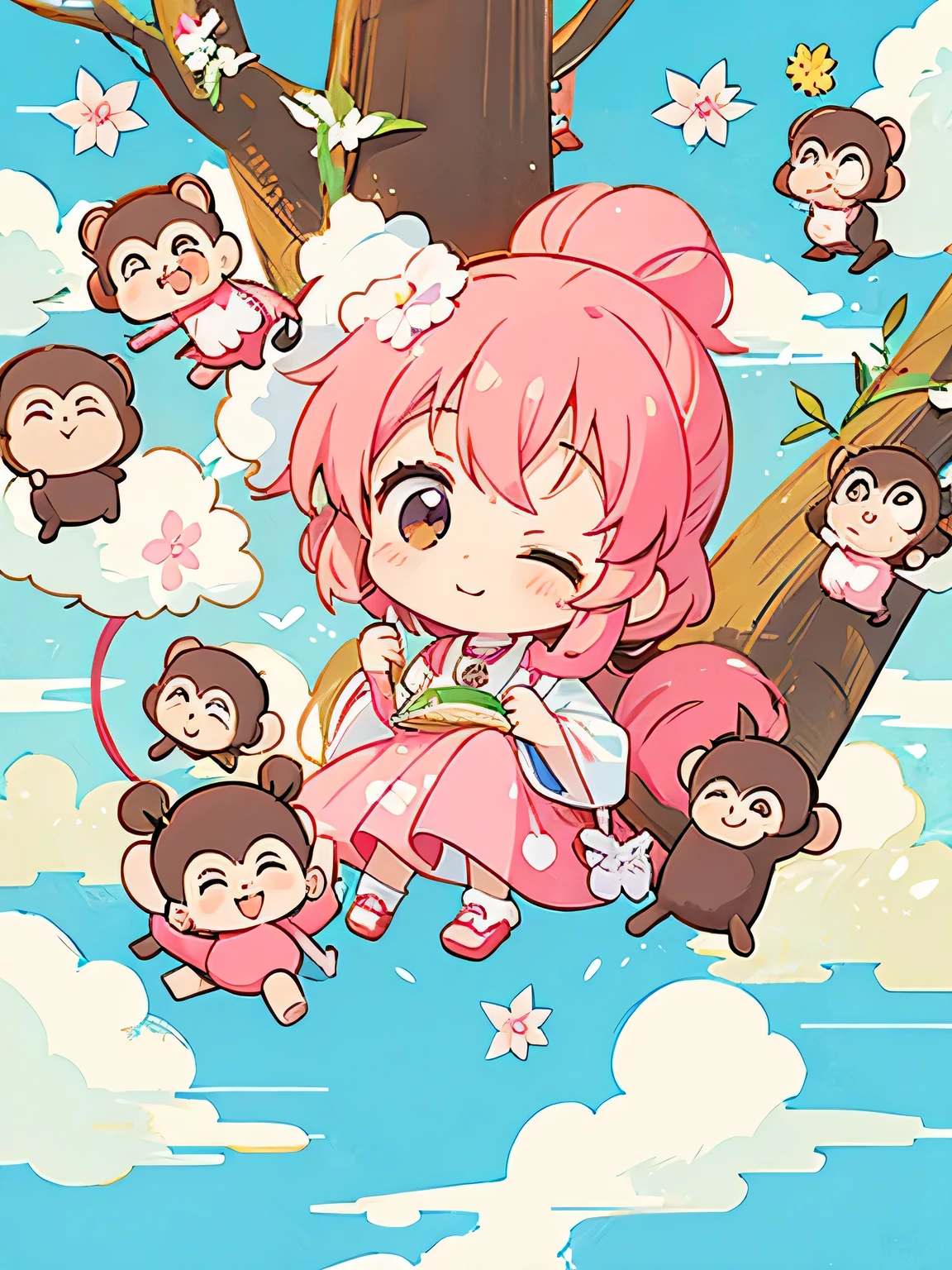 Momoko Sakura style, Kawaii Design, Chibi girl monkey, monkey Forest, Above the Clouds