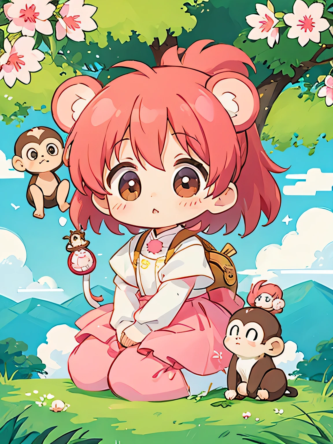 Momoko Sakura style, Kawaii Design, Chibi girl monkey, monkey Forest, Above the Clouds