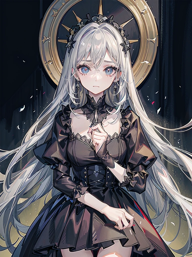 whole body, sickly girl, black dress, face veil, mansion, hall, absurdres, RAW photo, extremely delicate and beautiful, masterpiece, Best Quality, ultra high resolution, 32k, hyperrealistic, ultra-detailed description, pale skin, 20 years old, detailed beautiful face and eyes, tearful mole, earring, short medium wavy hair,