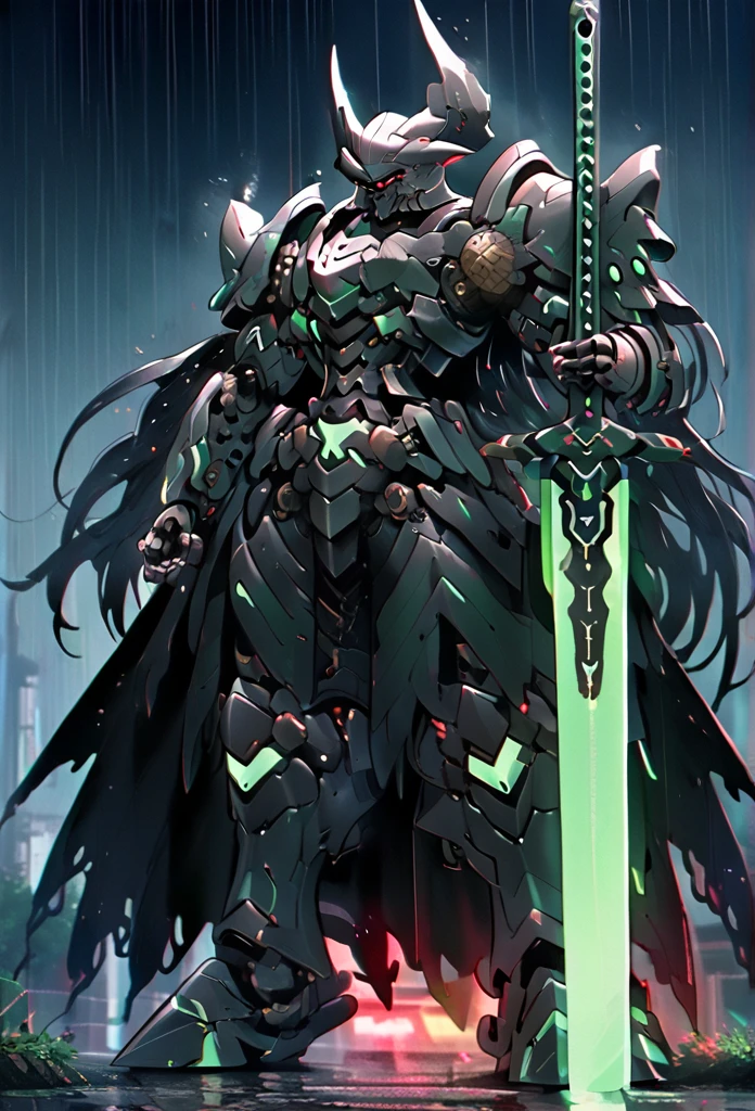 masterpiece, best quality,
1boy, armor, black hair, full body, glowing, helmet, holding, holding sword, holding weapon, horns, long hair, male focus, mecha, night, no humans, outdoors, planted, rain, red eyes, robot, science fiction, solo, standing, sword, very long hair, weapon
 