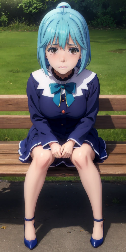 anime illustration art of a cute girl sitting in park (Aqua) hiding hands, blue high heels, feet together, sit on wooden bench, crying loud and clear, tears, red cheeks, redness
