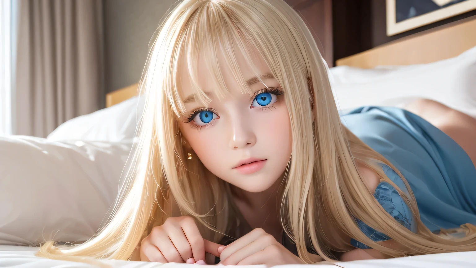 A very white and beautiful 20-year-old blonde girl、Mastepiece, Best Quality, Illustration, Ultra-detailed fine details, Natural platinum blonde with a natural shine、Super long straight silky hair、Super long Rapunzel hair、disheveled bangs above the eyes,、Bangs that cover the face、Hair worn in front、High resolution, 8K Denden Wallpaper, Perfect dynamic composition, Beautifully detailed large light blue eyes , Very big eyes、of hotel(Bed)、Small Face Beauty、Round face、On all fours、Double eyelids