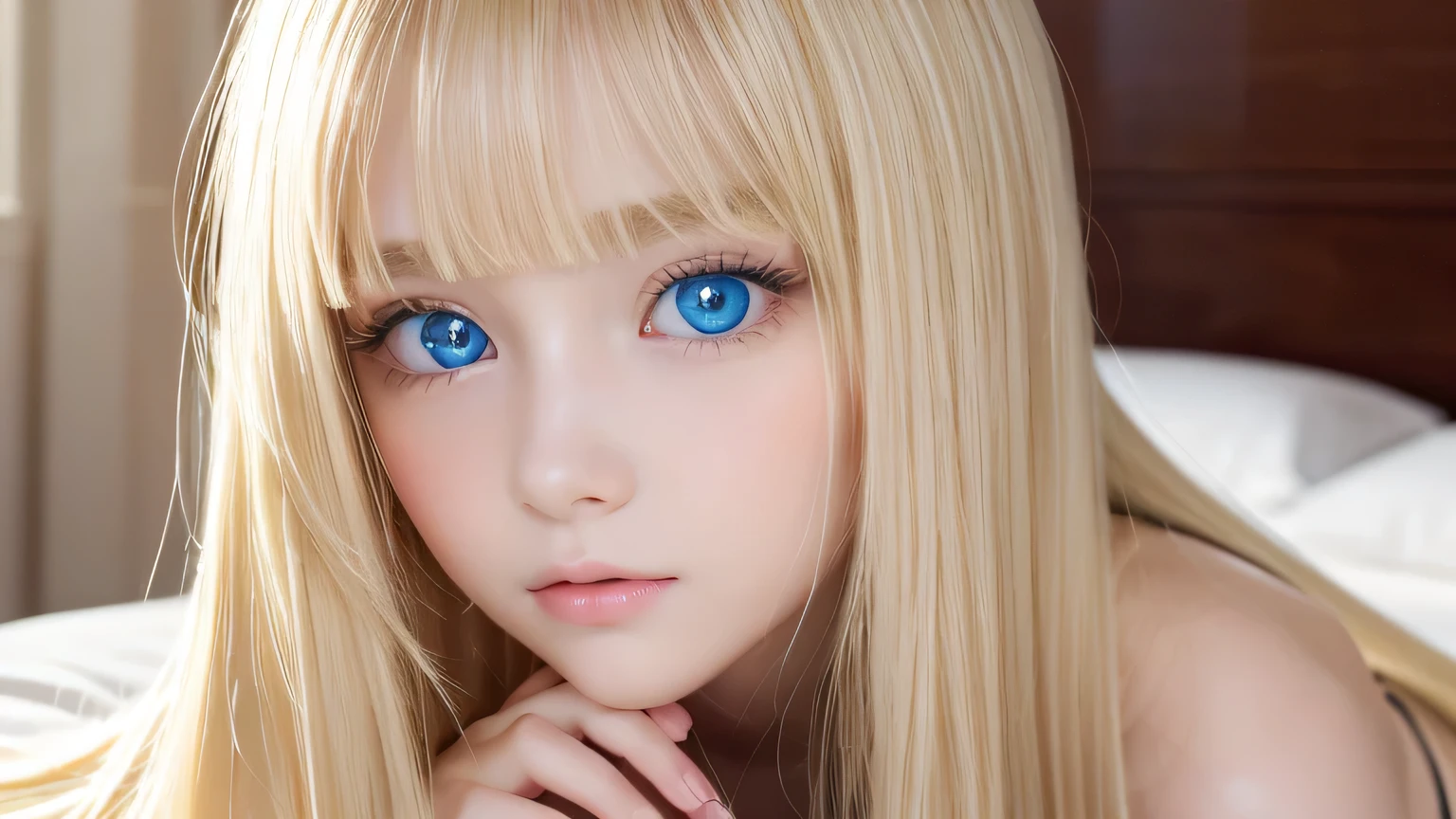 A very white and beautiful 20-year-old blonde girl、Mastepiece, Best Quality, Illustration, Ultra-detailed fine details, Natural platinum blonde with a natural shine、Super long straight silky hair、Super long Rapunzel hair、disheveled bangs above the eyes,、Bangs that cover the face、Hair worn in front、High resolution, 8K Denden Wallpaper, Perfect dynamic composition, Beautifully detailed large light blue eyes , Very big eyes、of hotel(Bed)、Small Face Beauty、Round face、On all fours、Double eyelids