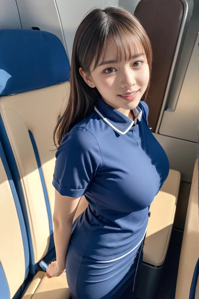 (8K, best quality, masterpiece:1.2), (realistic, photo-realistic:1.37), (high color saturation:1.0), (highly detailed skin), (highest quality:1.0), (ultra high resolution:1.0) ,(realistic:1.0), (Super detailed:1.0), (8K, Raw photo:1.1)、random pose, smiling, natural breast, perfect lighting, 3girls, (mysterious), clear and detailed, ((Cabin Crew, blue flight attendant_uniform)), beige pantyhose, (aircraft, aircraft seats), cute face, sitting seat,