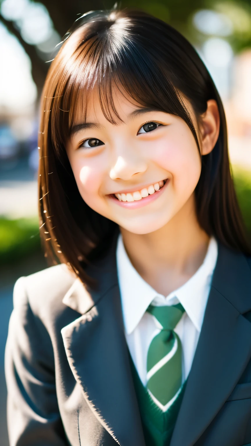 lens: 135mm f1.8, (highest quality),(RAW Photos), (Tabletop:1.1), (Beautiful and neat Japanese girl), Cute face, (Deeply chiseled face:0.7), (freckles:0.4), dappled sunlight, Dramatic lighting, (Japanese School Uniform), (On campus), shy, (Close-up shot:1.2), (smile),, (Sparkling eyes)、(sunlight)