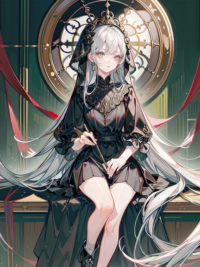 whole body, sickly girl, black dress, face veil, mansion, hall, absurdres, RAW photo, extremely delicate and beautiful, masterpiece, Best Quality, ultra high resolution, 32k, hyperrealistic, ultra-detailed description, pale skin, 20 years old, detailed beautiful face and eyes, tearful mole, earring, short medium wavy hair,