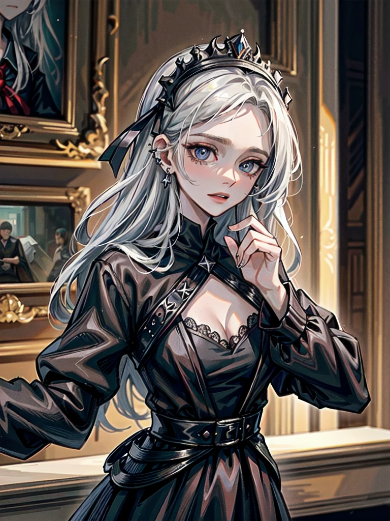 whole body, sickly girl, black dress, face veil, mansion, hall, absurdres, RAW photo, extremely delicate and beautiful, masterpiece, Best Quality, ultra high resolution, 32k, hyperrealistic, ultra-detailed description, pale skin, 20 years old, detailed beautiful face and eyes, tearful mole, earring, short medium wavy hair,