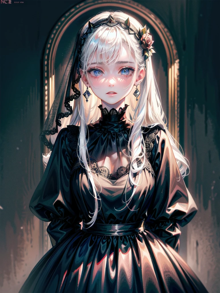 whole body, sickly girl, black dress, face veil, mansion, hall, absurdres, RAW photo, extremely delicate and beautiful, masterpiece, Best Quality, ultra high resolution, 32k, hyperrealistic, ultra-detailed description, pale skin, 20 years old, detailed beautiful face and eyes, tearful mole, earring, short medium wavy hair,
