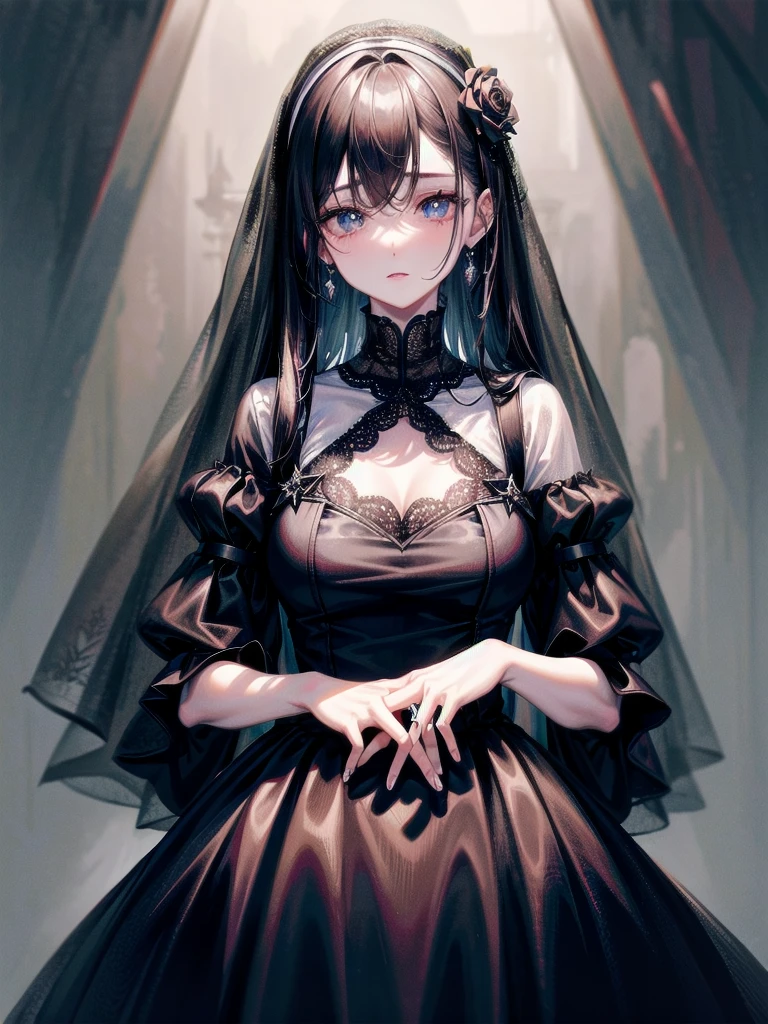 whole body, sickly girl, black dress, face veil, mansion, hall, absurdres, RAW photo, extremely delicate and beautiful, masterpiece, Best Quality, ultra high resolution, 32k, hyperrealistic, ultra-detailed description, pale skin, 20 years old, detailed beautiful face and eyes, tearful mole, earring, short medium wavy hair,