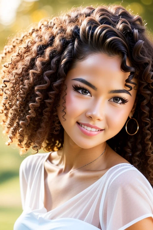 Cerano plan a woman with transparent dress, plain white transparent t-shirt, long wavy hair, bright avellana color eyes, bright amber eye, penetrating bright eyes, beautiful, Delicate Features, sweet, short curly girl with smooth brown hair, -ultra resolution 8k wavy from the middle there was lower, standing with the body - close-up photo - 8k