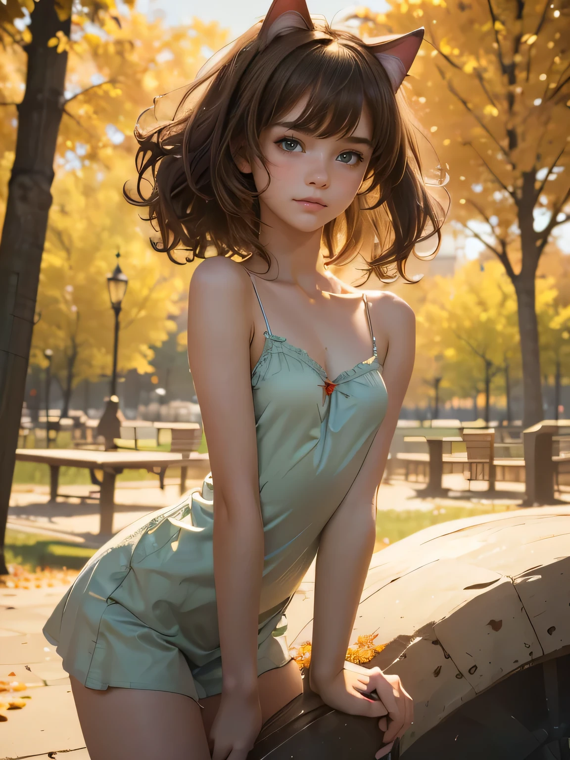 ((Masterpiece)), (High Definition:1.3), (Professional Photography:1.2), best quality, 8K, Textured skin, cinematic lighting, 1girl, wide-shot, (Cute innocent teenage girl), slendar body and small breast, very messy medium hair, very blush, very sad face, (wearing kids camisole), cat ears, pale brown hair, innocent posing in the park, autumn day