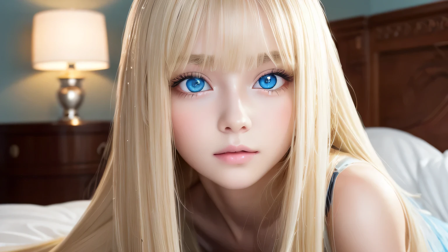 A very white and beautiful 20-year-old blonde girl、Mastepiece, Best Quality, Illustration, Ultra-detailed fine details, Natural platinum blonde with a natural shine、Super long straight silky hair、Super long Rapunzel hair、disheveled bangs above the eyes,、Bangs that cover the face、Hair worn in front、High resolution, 8K Denden Wallpaper, Perfect dynamic composition, Beautifully detailed large light blue eyes , Very big eyes、of hotel(Bed)、Small Face Beauty、Round face、On all fours、Double eyelids