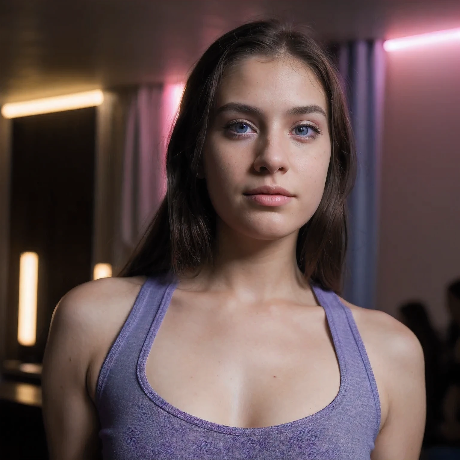 photo of a college student,, in Purple Pink, futuristic Coarse linen clothing, (freckles:0.8) cute face, sci-fi, dystopian, detailed eyes, cobalt blue eyes((Side view))Disco bar