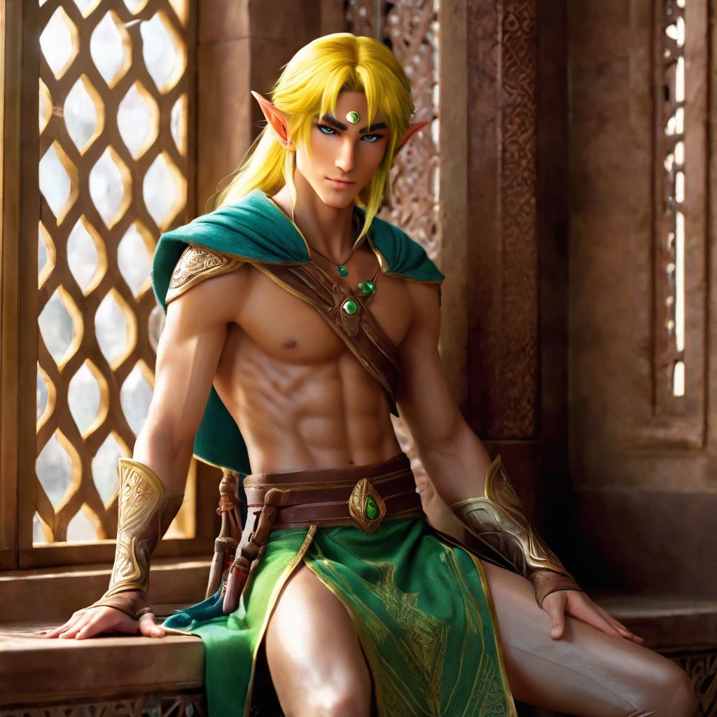 (medium shot, holding sword, oiled skin shiny, perky chest, toned-body elf-male, Gerudo Clothes gerudo-link, elf ears, sitting on window seat bench cushions , blonde hair, short stature, , in eastern palace , veil, thin Abdominal Muscles, bulge, perfect limbs, Perfect hands, perfect fingers, uhd high definition photograph, extremely detailed eyes face nose hands ) 