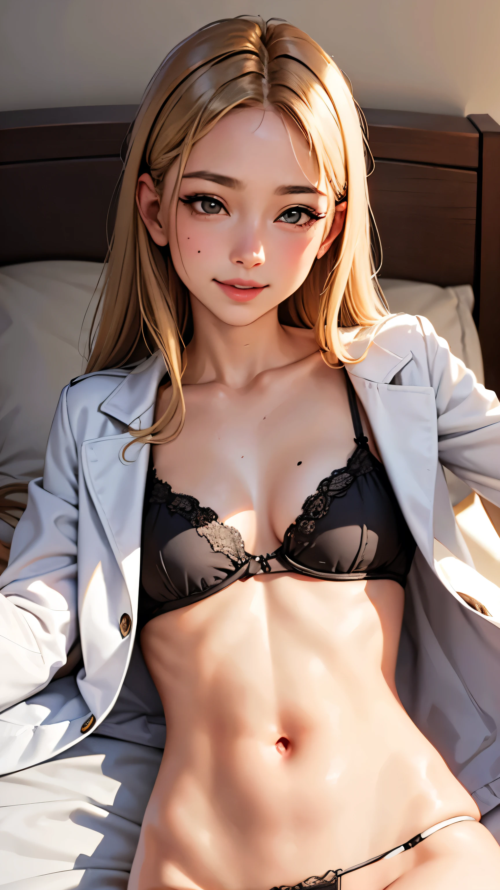masterpiece, highest quality,Face-to-face audience, Upper body,Middle-aged women,Greek Goddess Attitude, Melon seed face, ((Long, narrow eyes)), Mole under the eye,Brown eyeball, Thin lips, Anorexia,blonde, Very long hair, Laugh with your mouth closed,40 year old mature woman, self-portrait, Simple Background,Lying in bed,Thin legs,Close your eyes and smile,underwear,The happi coat is open