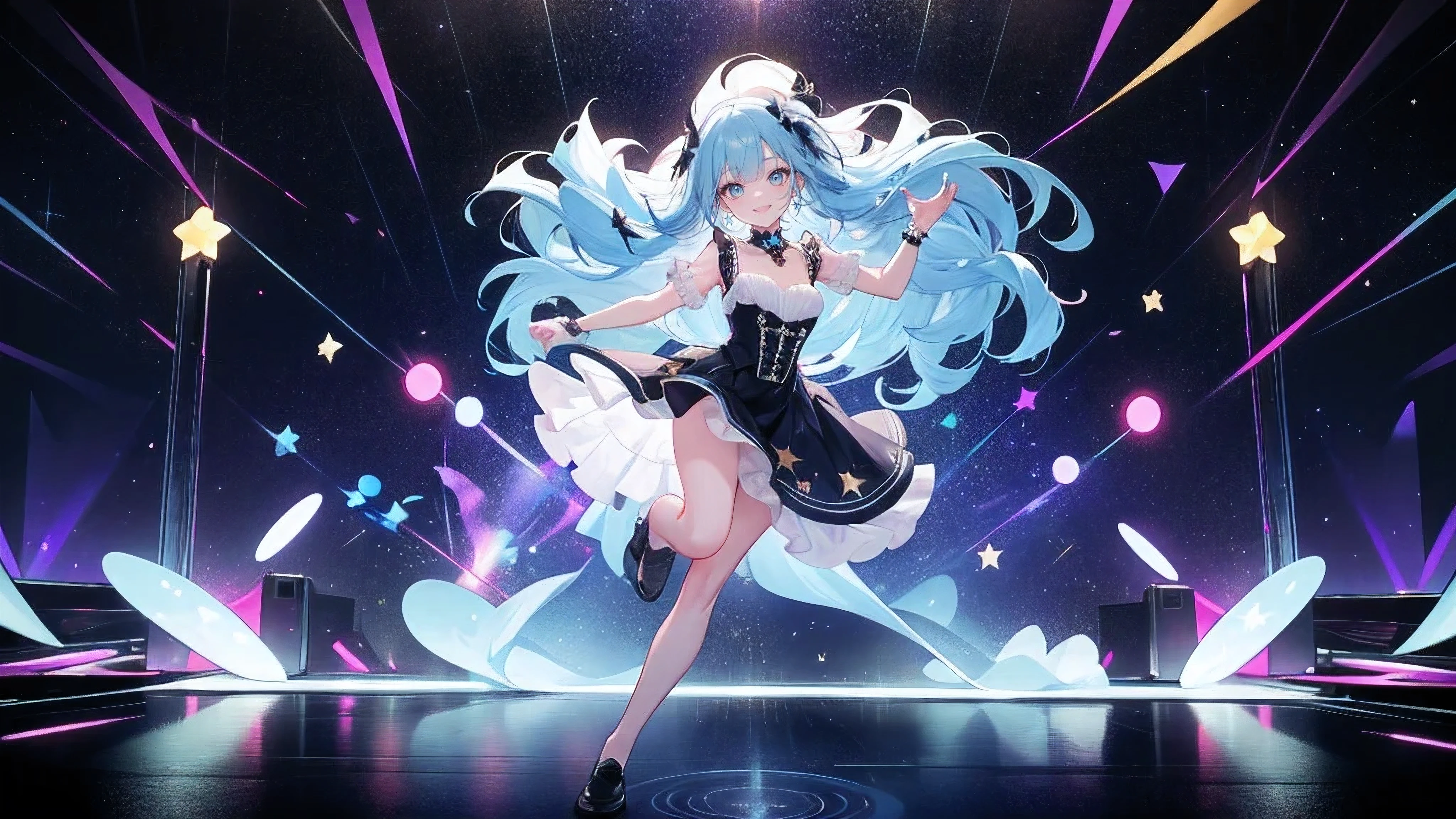 ((Perfect face)),Dark blue to light blue hair,Long hair,1 female,singer，A cup，Performance costumes，Loafers, whole body，Energetic Girl， ((Colorful abstract starry background)),((Smile)),((whole body)),((whole body)),a character portrait,Role List,upright