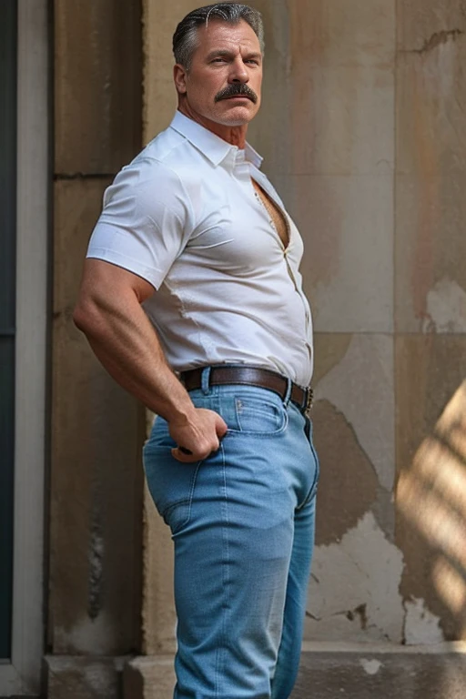 age 60, white man police detective with a mature, kind demeanor, strong and muscular yet chubby build, mustache, wearing dress pants and a buttoned-open translucent shirt that reveals a hairy chest and a noticeable bulge, wearing detective badge on belt, giving off a hint of a horny yet disgusting aura, completing the look with comfortable loafers. Jeans backside backside 